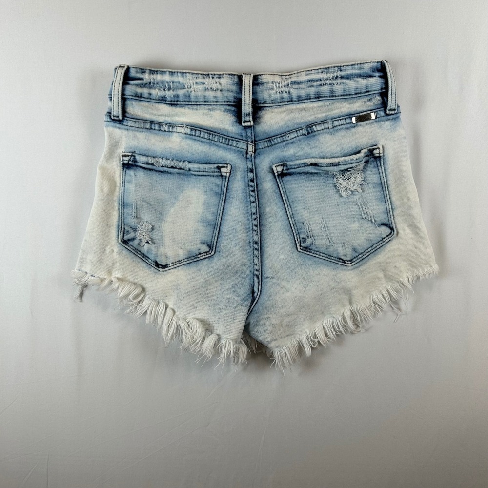 Kancan Womens Denim Shorts Acid Wash Frayed Hem‎ Distressed Blue Size M - Picture 2 of 12